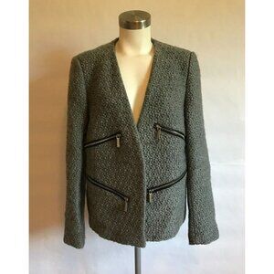 Michael Kors Gray Thick Knit Open Jacket W/ Black Lambswool Trim, Size 12 (US)